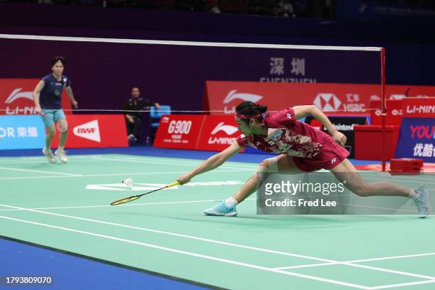 An Seyoung of Korea competes in the Women's Singles First Round match against Lalinrat Chaiwan of Thailand during day one of the China Badminton...