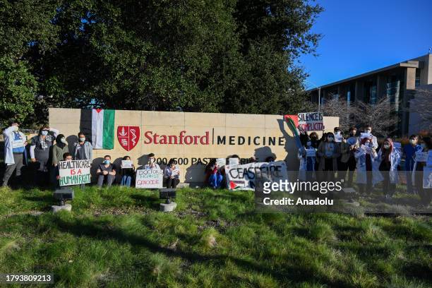 Stanford doctors, nurses and medical students protest against Israeli attacks on Gaza, near the Stanford University School of Medicine in Stanford,...