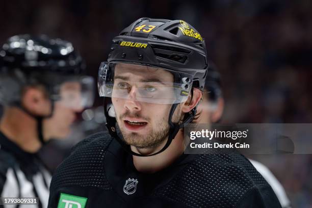 Quinn Hughes of the Vancouver Canucks looks on during the third period of their NHL game against the San Jose Sharks at Rogers Arena on November 20,...