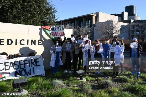 Stanford doctors, nurses and medical students protest against Israeli attacks on Gaza, near the Stanford University School of Medicine in Stanford,...