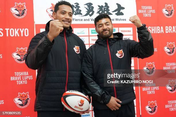 New Zealand rugby players Richie Mo'unga and Shannon Frizell pose during a press conference hosted by the Toshiba Brave Lupus Tokyo in Fuchu, Tokyo...