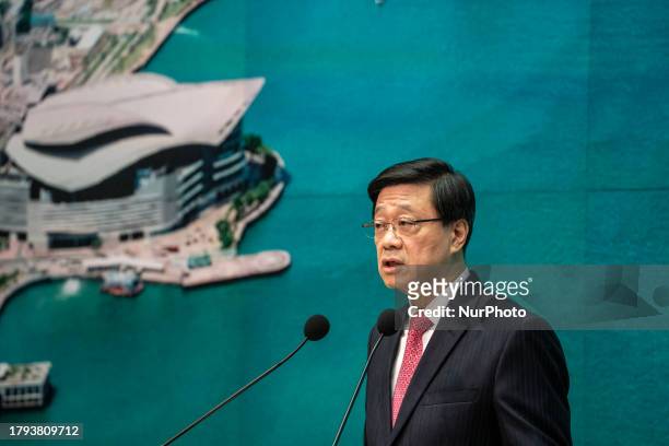 Hong Kong Chief Executive John Lee speaking during a press briefing before his Executive Council Meeting on November 21, 2023 in Hong Kong, China.