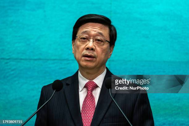 Hong Kong Chief Executive John Lee speaking during a press briefing before his Executive Council Meeting on November 21, 2023 in Hong Kong, China.
