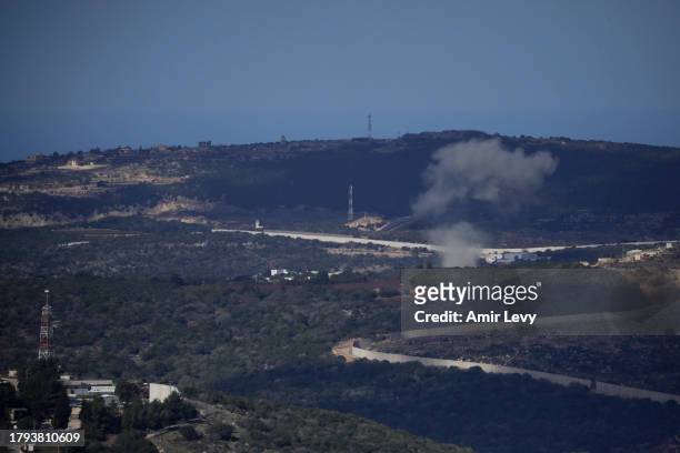 An explosion is seen along the border with Lebanon on November 21, 2023 near the village of Matat, Israel. The latest round of cross-border fire...