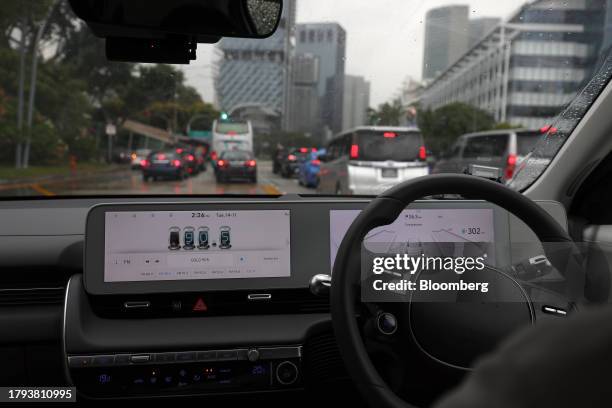 The dashboard of a Hyundai Motor Co. Ioniq 5 electric vehicle in Singapore, on Tuesday, Nov. 14, 2023. Hyundai Motor Group officially opened a...