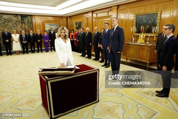 Spain's Deputy Prime Minister and Minister of Labor and Social Economy Yolanda Diaz takes an oath on the constitution in front on Spain's King Felipe...