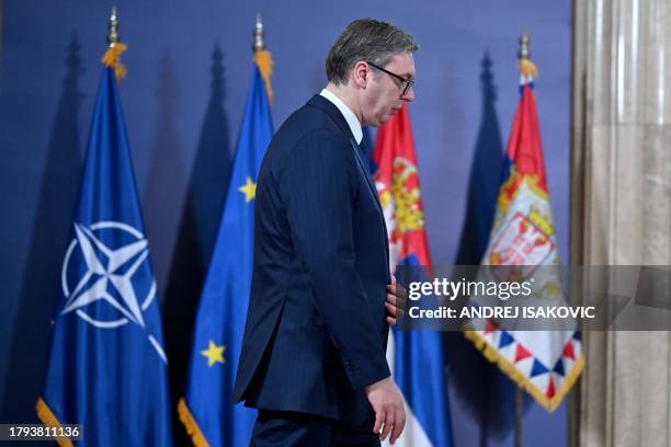 Serbian President Aleksandar Vucic arrives to give a joint press conference with Secretary General of the Northern Atlantic Alliance following their...