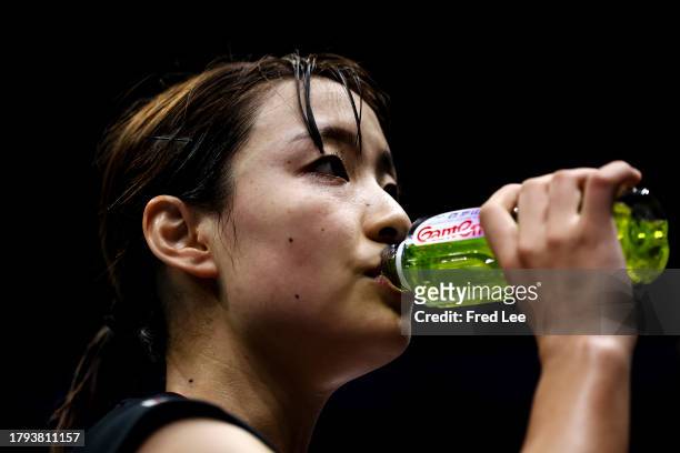 Nozomi Okuhara of Japan competes in the Women's Singles First Round match against Hsu Wen-Chi of Chinese Taipei during day one of the China Badminton...