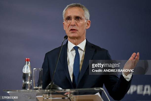 Secretary General of the Northern Atlantic Alliance , Jens Stoltenberg speaks during a joint press conference with Serbian President following their...