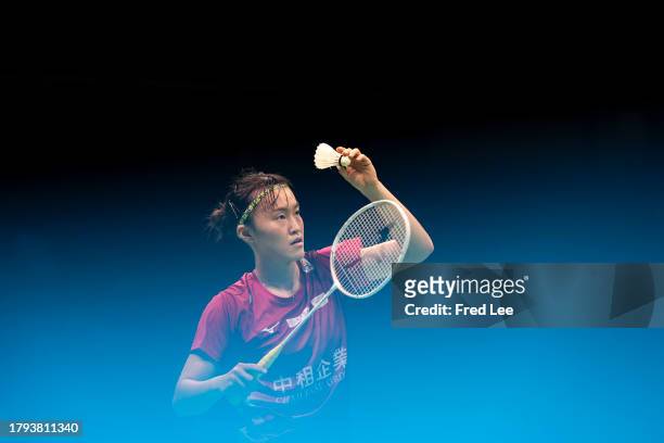 Hsu Wen-Chi of Chinese Taipei competes in the Women's Singles First Round match against Nozomi Okuhara of Japan during day one of the China Badminton...
