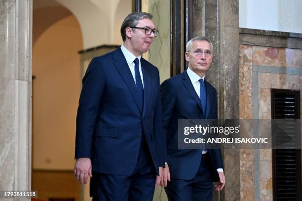 Secretary General of the Northern Atlantic Alliance , Jens Stoltenberg and Serbian President Aleksandar Vucic arrive to give a press conference...