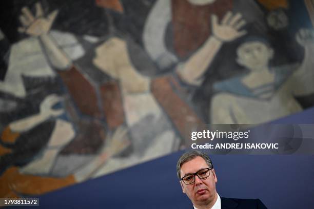 Serbian President Aleksandar Vucic speaks during a joint press conference with Secretary General of the Northern Atlantic Alliance following their...