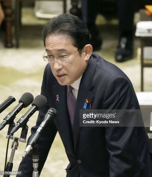Japanese Prime Minister Fumio Kishida speaks at a House of Representatives budget committee session in Tokyo on Nov. 21, 2023.