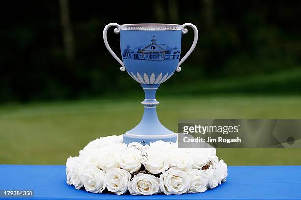The Deutsche Bank Championship trophy is displayed during the final round at TPC Boston on September 2, 2013 in Norton, Massachusetts.