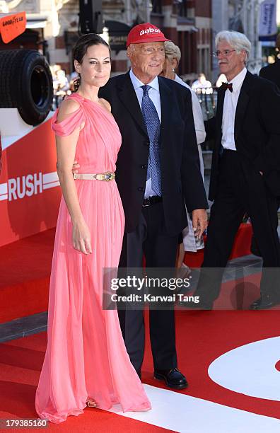 Niki Lauda and wife Birgit Lauda attend the World Premiere of "Rush" at the Odeon Leicester Square on September 2, 2013 in London, England.