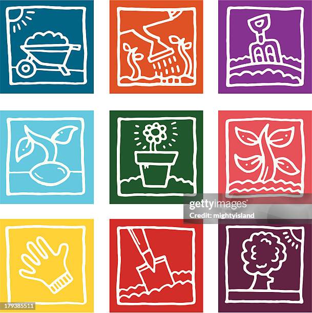 ilustraciones, imágenes clip art, dibujos animados e iconos de stock de bloque conjunto de iconos de jardinería boceto - arrancar malas hierbas