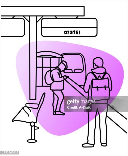 stockillustraties, clipart, cartoons en iconen met train station outdoor platform purple - passenger train