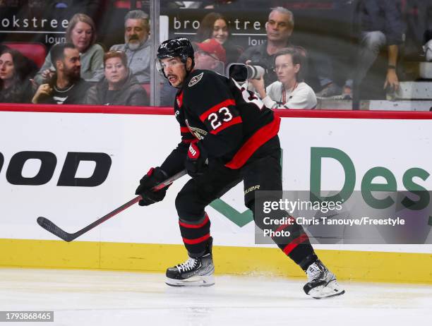 Travis Hamonic of the Ottawa Senators skates against the Calgary Flames at Canadian Tire Centre on November 11, 2023 in Ottawa, Ontario, Canada.