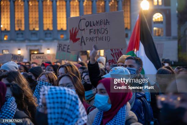 Students participate in a protest in support of Palestine and for free speech at Columbia University campus on November 14, 2023 in New York City....