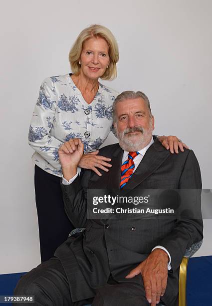 Actress Christiane Hoerbiger and Gerhard Toetschinger attend a photocall for her 75th birthday at Hotel Atlantic on September 2, 2013 in Hamburg,...