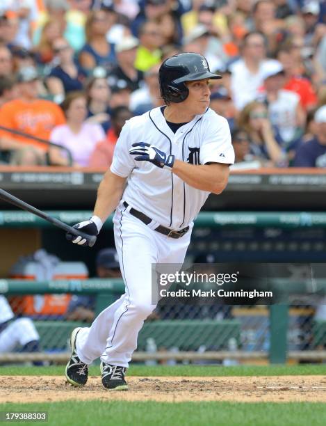 Andy Dirks of the Detroit Tigers bats during the game against the Cleveland Indians at Comerica Park on September 1, 2013 in Detroit, Michigan. The...