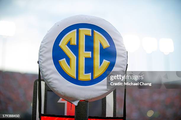 Logo on a field marker during Auburn's game against the Washington State Cougars on August 31, 2013 at Jordan-Hare Stadium in Auburn, Alabama. At...