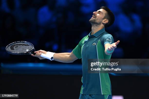 Novak Djokovic of Serbia reacts during his match against Jannik Sinner of Italy in the Men's Singles Round Robin match on day three of the Nitto ATP...