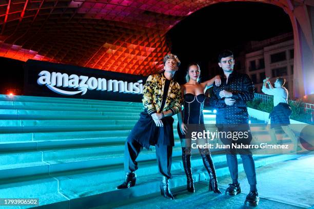 Carlos Marco, Paula Perez and Charly Weinberg of Mantra attend Amazon Music's event "La Cultura That Connect Us" at Setas de Sevilla on November 14,...