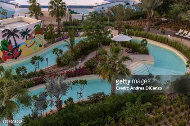 The lazy river in the water park at Damac Hills 2, a family friendly community in the desert which has been fitted out with lush green lawns,...