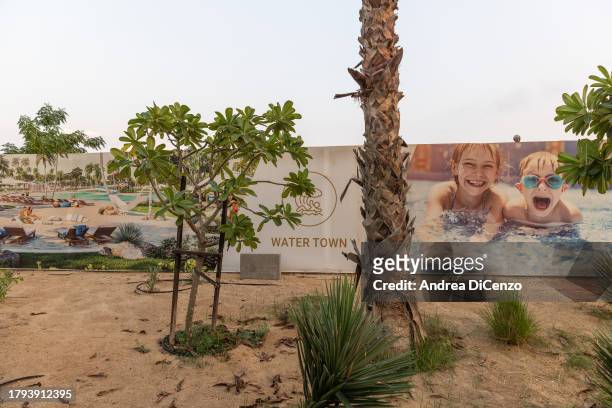 Sign reads 'Water town' a nickname for Damac Hills 2, a family friendly community in the desert which has been fitted out with lush green lawns,...