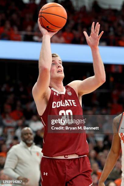 Sam Thomson of the Colgate Raiders shoots during the first half against the Syracuse Orange at JMA Wireless Dome on November 14, 2023 in Syracuse,...