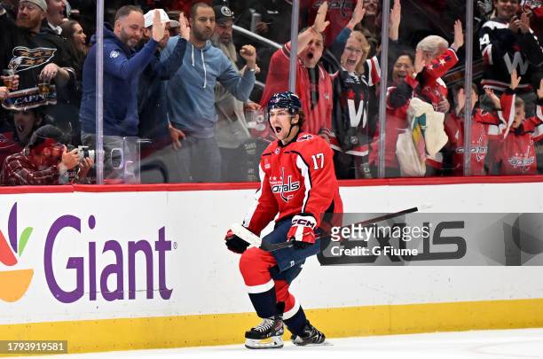 Dylan Strome of the Washington Capitals celebrates after scoring in the first period against the Vegas Golden Knights at Capital One Arena on...