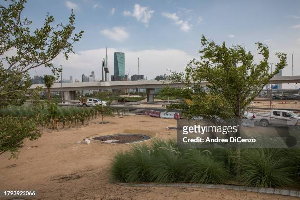 Greenery being added along a main freeway on October 26, 2023 in Dubai, United Arab Emirates. The Dubai Municipality is working to increase green...