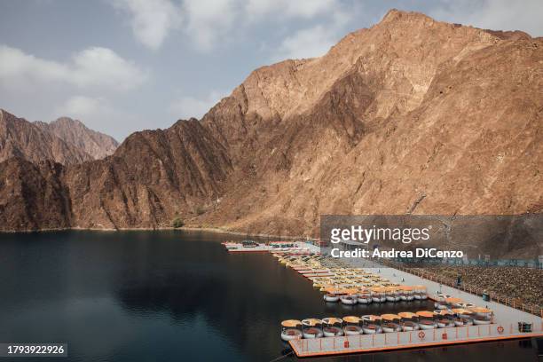 View of kayaks waiting for use in the Hatta Dam on September 11, 2023 in Hatta, United Arab Emirates. Built in the 1990s, Hatta Dam supplies the area...