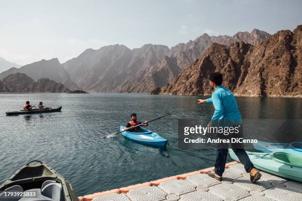 British tourists at Hatta Kayak, a popular tourist destination in Hatta Dam on September 11, 2023 in Hatta, United Arab Emirates. In the UAE, where...