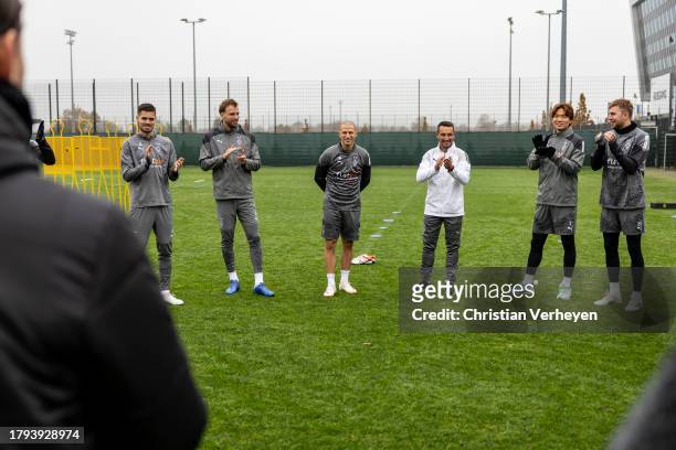 The Team of Borussia welcomes Stefan Lainer back to training after recovering from cancer during a training session of Borussia Moenchengladbach at...