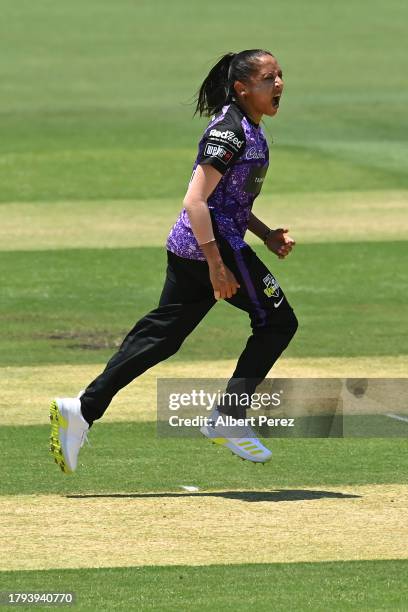 Shabnim Ismail of the Hurricanes celebrates dismissing Grace Harris of the Heat during the WBBL match between Brisbane Heat and Hobart Hurricanes at...