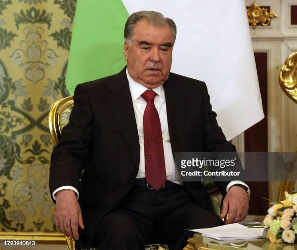 Tajik President Emomali Rakhmon speaks during Russian-Tajik talks at the Grand Kremlin Palace on November 21 in Moscow, Russia. President of...