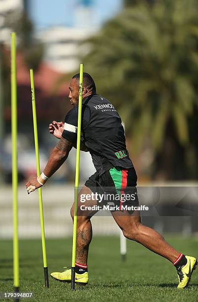 Roy Asotasi runs through a drill during a South Sydney Rabbitohs NRL training session at Redfern Oval on September 3, 2013 in Sydney, Australia.