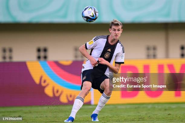 Max Moerstedt of Germany looks to bring the ball down during FIFA U-17 World Cup Round of 16 match between Germany and USA at Si Jalak Harupat...