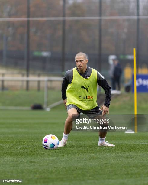 Stefan Lainer in action during a training session of Borussia Moenchengladbach at Borussia-Park on November 21, 2023 in Moenchengladbach, Germany.