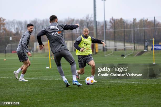 Stefan Lainer in action during a training session of Borussia Moenchengladbach at Borussia-Park on November 21, 2023 in Moenchengladbach, Germany.