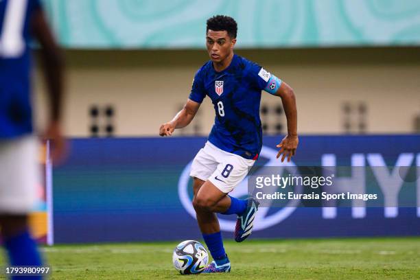 Pedro Soma of United States runs with the ball during FIFA U-17 World Cup Round of 16 match between Germany and USA at Si Jalak Harupat Stadium on...