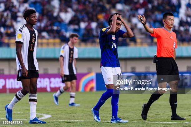 Taha Habroune of United States reacts during FIFA U-17 World Cup Round of 16 match between Germany and USA at Si Jalak Harupat Stadium on November...