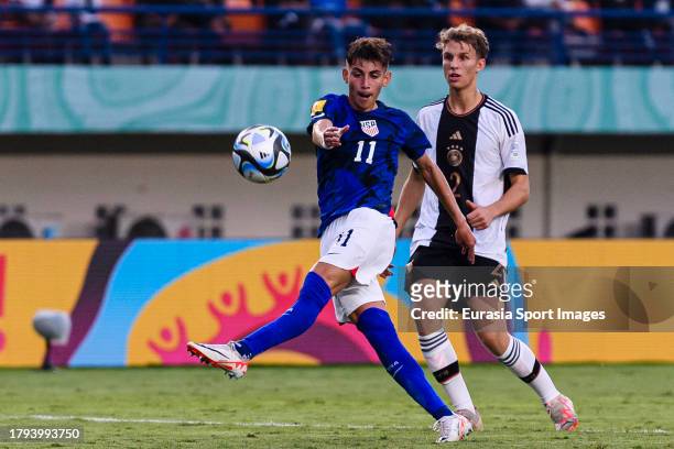 David Vazquez of United States attempts a kick during FIFA U-17 World Cup Round of 16 match between Germany and USA at Si Jalak Harupat Stadium on...