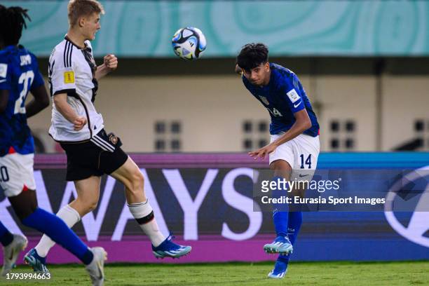 Taha Habroune of United States looks to bring the ball down during FIFA U-17 World Cup Round of 16 match between Germany and USA at Si Jalak Harupat...
