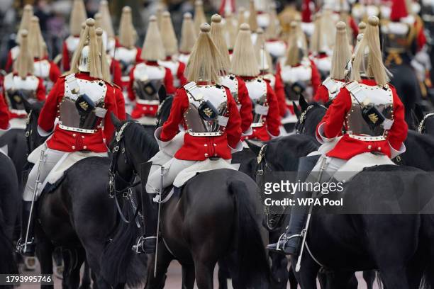 Members of the Mounted Life Guards Cavalry gather on The Mall ahead of the Ceremonial Welcome for President of South Korea Yoon Suk Yeol and his wife...
