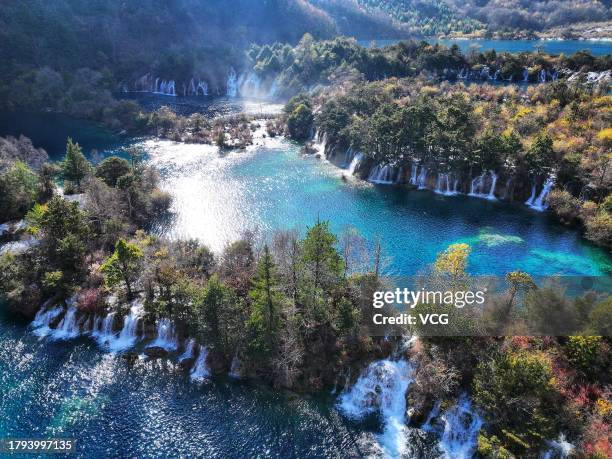 Aerial view of Jiuzhaigou scenic area after a snowfall on November 13, 2023 in Jiuzhaigou County, Aba Tibetan Qiang Autonomous Prefecture, Sichuan...