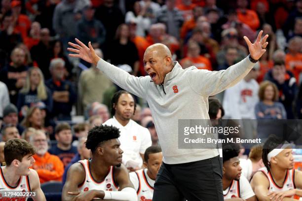 Head Coach Adrian Autry of the Syracuse Orange reacts during the second half against the Colgate Raiders at JMA Wireless Dome on November 14, 2023 in...