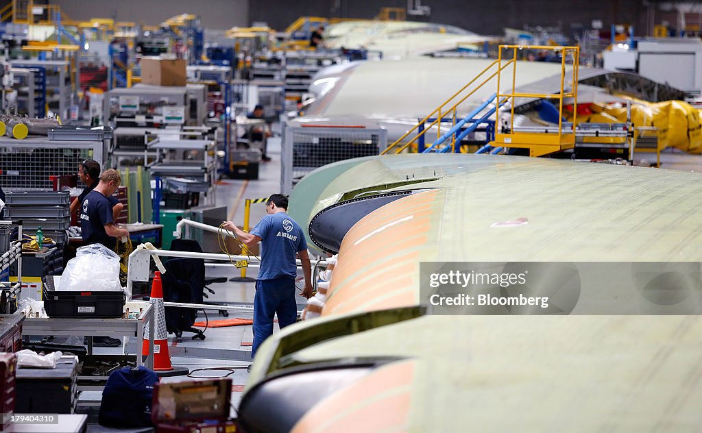 Wing Manufacturing Process Employees work on an Airbus A380 wing on the assembly production line ...